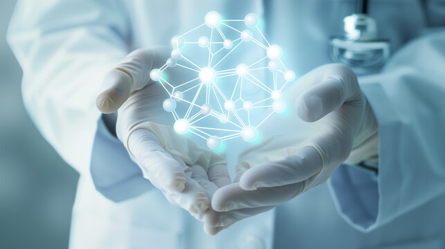 doctor hands with gloves holding hologram molecule