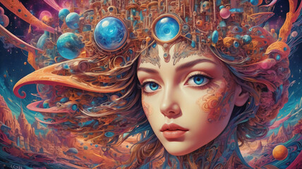 Surreal Abstract and Otherworldly Imagery, Psychedelic and Retro-futurism of a Woman's Face, Background, AI generative.