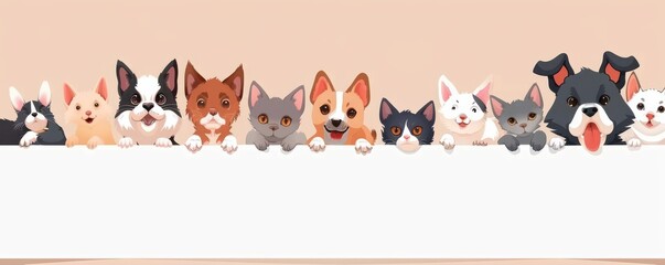 Fototapeta premium Cute dogs and cats peeking from behind the wall. Illustration.