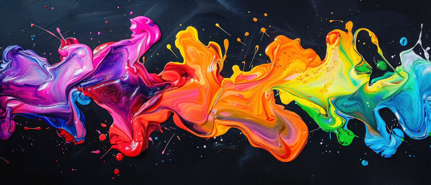 Closeup of abstract rainbow colored colors liquid acrylic acryl art painting, colorful liquid ink fluid with flowing oil painting splashes and drops, texture, isolated on black background