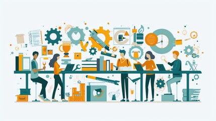 Illustration of youth learning new skills for World Youth Skills Day, ample copy space, icons of tools and books