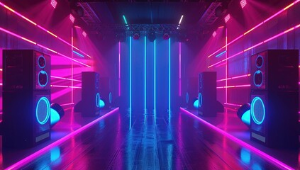 Obraz premium Neon Stage with Speakers and Blue Light