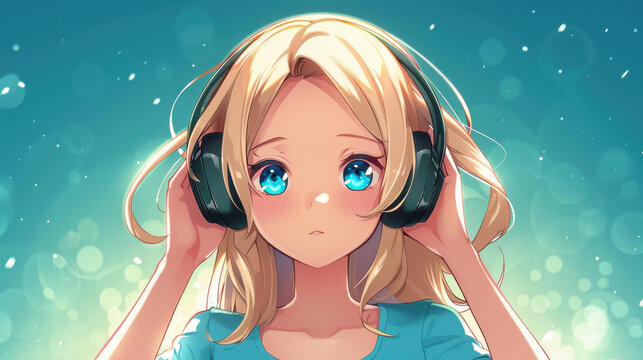 A sweet blond anime character who is also a Vtuber, with adorable looks and cool gaming headphones.