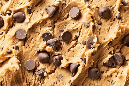 close up texture raw cookie dough with chocolate chips top view