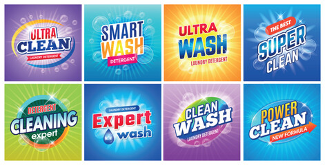 Detergent badges. Laundry washing packages logo templates recent vector laundry product identity