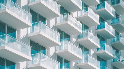 White building with blue glass balconies, creating a pattern of geometric shapes