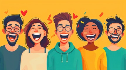 Illustration of people making each other laugh on International Joke Day, ample copy space, icons of comedy and joy
