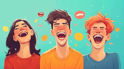 Illustration of people making each other laugh on International Joke Day, ample copy space, icons of comedy and joy