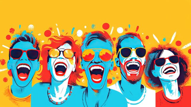 Illustration of people making each other laugh on International Joke Day, ample copy space, icons of comedy and joy