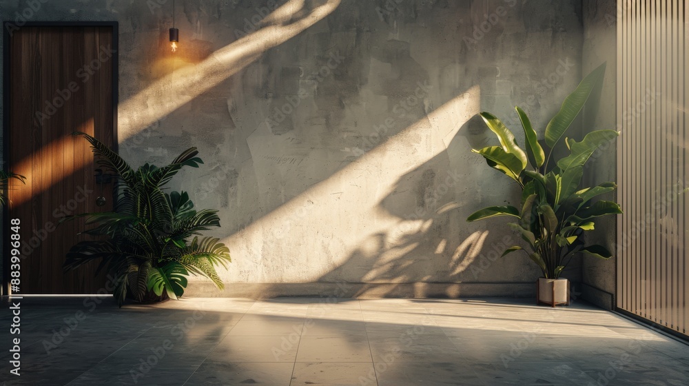 Poster sunlight streams through a window, casting shadows on a concrete floor and wall