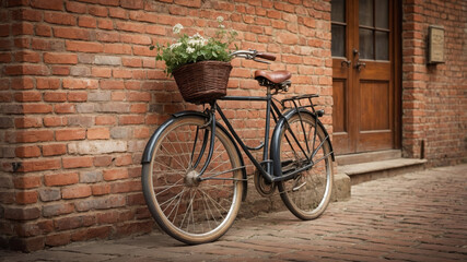 Fototapeta premium Charming Vintage Bicycle Against a Rustic Brick Wall