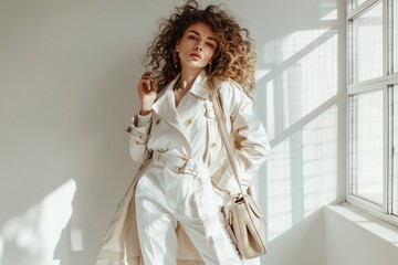 Stilysh woman in white outfit holding beige stylish trench coat. Curly pretty lady in fashionable pants and blouse poses with handbag in apartment