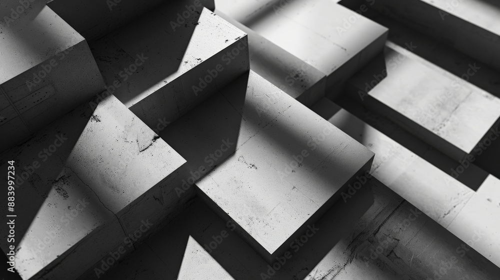 Poster concrete cubes arranged in an abstract pattern, casting shadows
