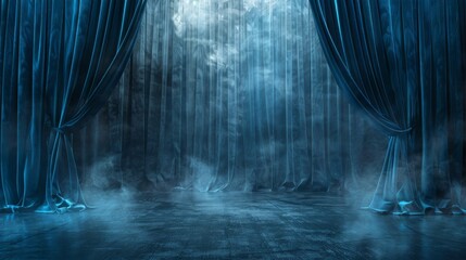 Blue velvet curtains on a theater stage with a spotlight shining through the parted curtains and smoke drifting across the stage floor.