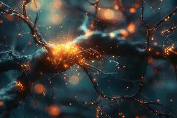 Close-up of a single neuron bathed in soft light. The firing rate of neurons slows, shows decreased activity associated with a calm mind.