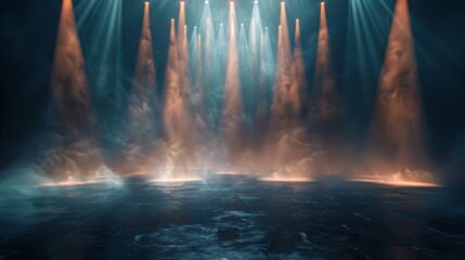 Stage background with countless penlights shining dimly in the dark, cinematic, high resolution, ultra photorealistic 