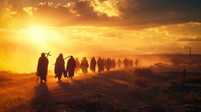 Apostles sent by Jesus go to different parts of the world, with crosses and Bibles, ready to preach the Gospel. Perfect for materials about missionary work and the Great Commission.