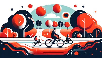 Obraz premium a family of three biking through a park in a flat illustration, color block style.