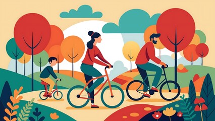 Naklejka premium a family of three biking through a park in a flat illustration, color block style.