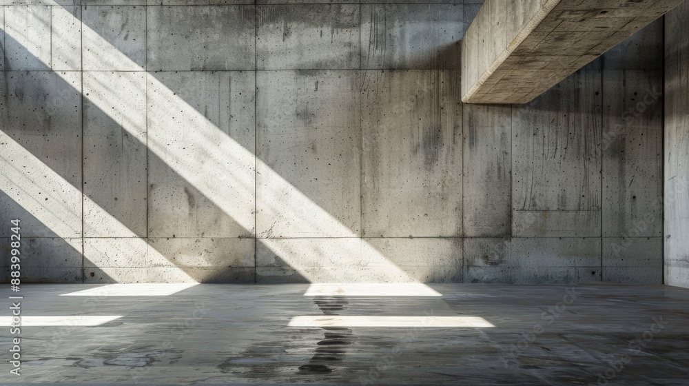 Poster sunlight streams through windows, casting long shadows on a concrete floor
