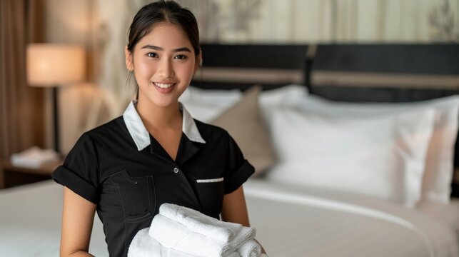 A smiling hotel maid stands in front of a freshly made bed, holding towels