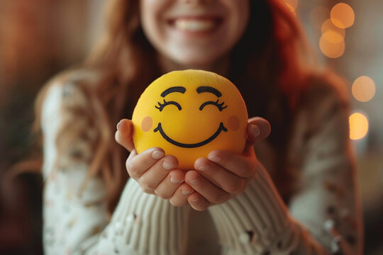 A smiling woman holds a happy face in her hand, symbolizing positive thinking and mental health awareness. This concept promotes the importance of mental health and World Mental Health Day.