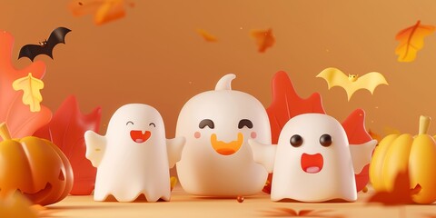 3D style , cute ghost family with happy expression on their faces, surrounded by pumpkins and falling leaves, set against an orange background for Halloween.