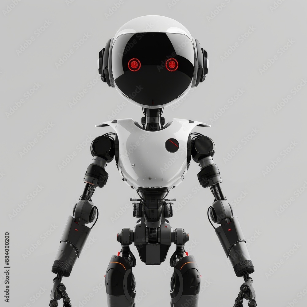 Poster a futuristic environment features a black and white robot with red eyes. it is sophisticated and sle