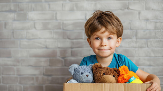 Support charity Kids sorting toys, clothes, books, stationery in donation boxes for a good cause.