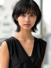 Fototapeta premium Stunning ultra realistic portrait of a beautiful Chinese woman with short black hair in NYC.