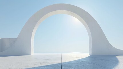 A white archway frames a view of a distant horizon under a clear blue sky