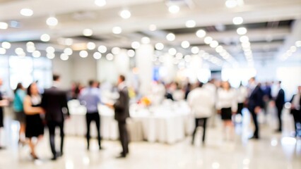 Charity Event Blur - Blurred background of a charity event or fundraiser with participants and banners.
