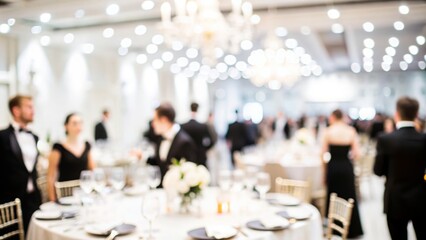 Gala Event Blur - Blurred background of a gala event or formal dinner with guests and elegant decor.
