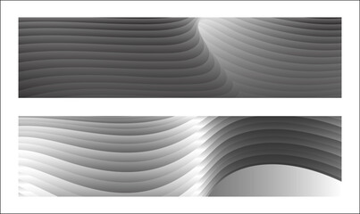 Monochrome cover design, abstract background. Wavy silver parallel gradient lines, ribbons, silk. Set of 2 backgrounds. Black and white with shades of gray banner, poster. eps vector