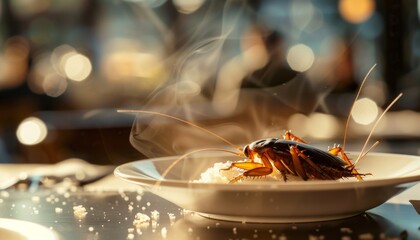 Cockroaches crawl and eat food on the table in the dining room.