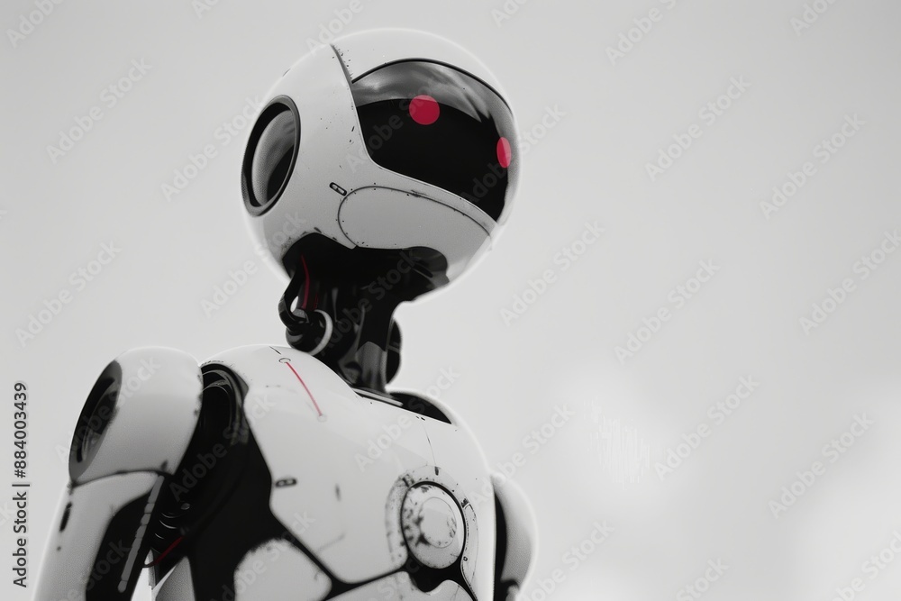 Poster a futuristic environment features a black and white robot with red eyes. it is sophisticated and sle