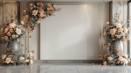 Elegant wedding ceremony backdrop with floral arrangements