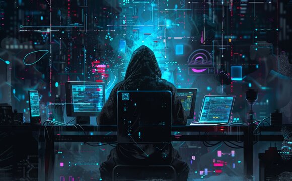 hacker sits in front of a computer, surrounded by digital symbols and code