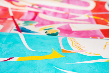 Horizontal bright colorful abstract collage in aqua, pink, red and yellow colors