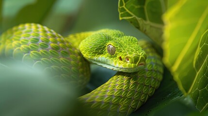 Fototapeta premium A vibrant green pit viper rests among lush leaves, showcasing its intricate scales and captivating gaze in a serene jungle setting.