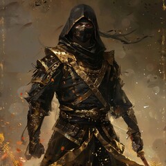 Naklejka premium Epic warrior in intricately detailed armor, blending ancient martial aesthetics with modern fantasy elements, set against a dramatic backdrop with a sense of motion and power. 4K Wallpaper.