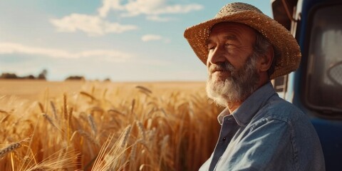 Fototapeta premium A man wearing a straw hat is sitting in a field of wheat