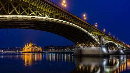 Panoramic view of famous Margit or Margaret Bridge (sometimes Margit Bridge). Night scene in...