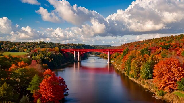 Video animation of  scenic view of a river flanked by lush forests in the midst of autumn