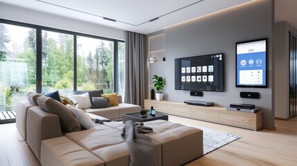 Obraz premium A contemporary living room with a modular sofa and a smart home system