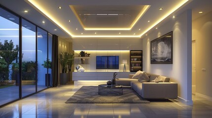 Fototapeta premium A contemporary living room with a suspended ceiling and integrated lighting