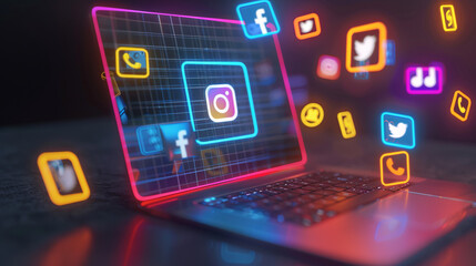 Spectacular neon 3D laptop advertising on social networks, emphasizing innovative features and stylish design, makes you want to buy and improve your digital experience.
