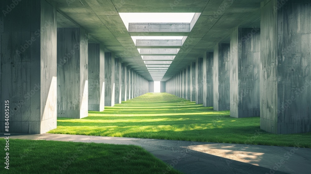 Poster sunlight streams through a concrete underpass, illuminating a grassy path