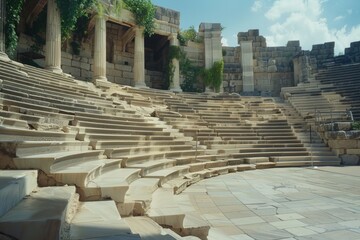 Obraz premium An empty stage in an ancient Greek amphitheatre, with marble steps, stone columns, and vines creeping up the walls. 