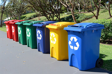 Recycling bins. Colorful trash cans in a row. Recycling concept. Garbage recycling . cleaning ecoligy concept
